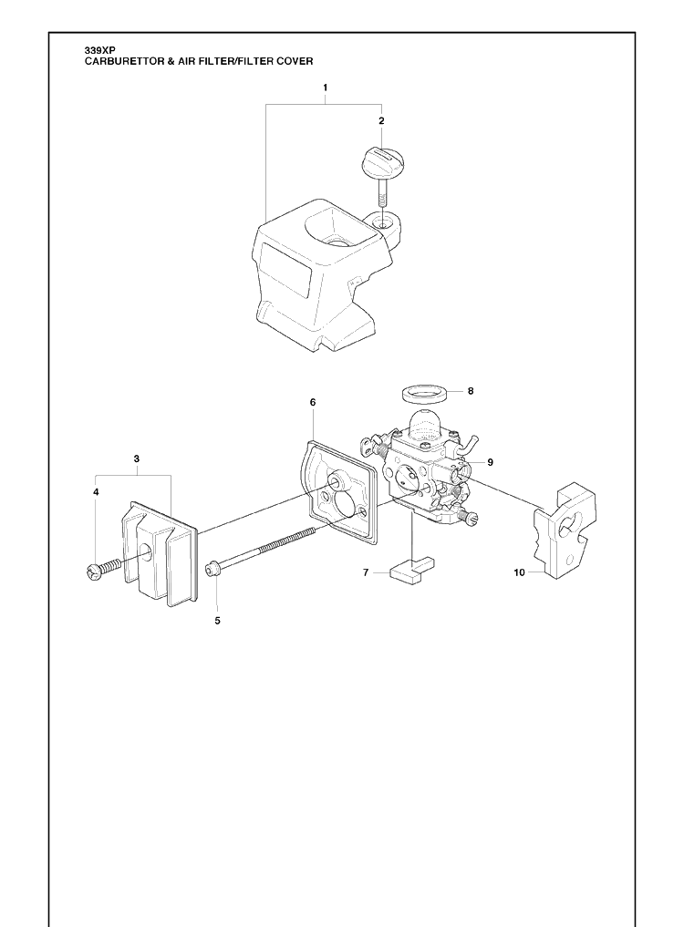Carburettor And Air Filter/Filter Cover Diagram and Parts List for 339XP 2010-02 Husqvarna Chainsaw