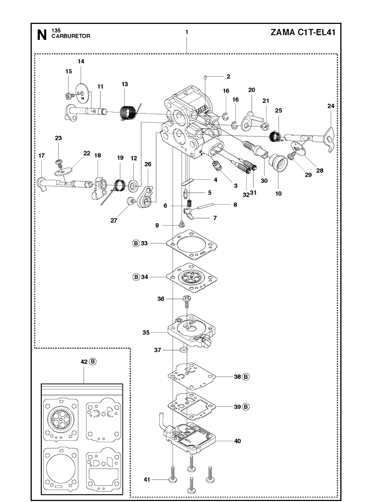 Carburetor Diagram and Parts List for 135E  Husqvarna Chainsaw