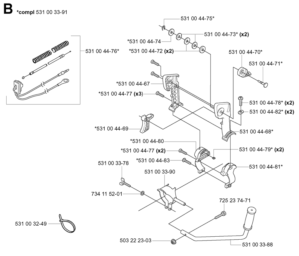 Handle and Controls Diagram and Parts List for 155B (TEX54D-EC50)(20041400001-Current)(2004) Husqvarna Leaf Blower / Vacuum