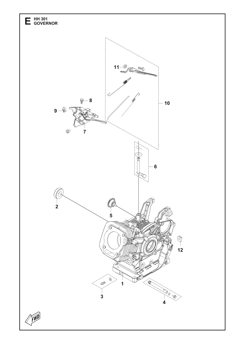 Governor Diagram and Parts List for HH301 598609801, 598609802, 598609803 Husqvarna Engine