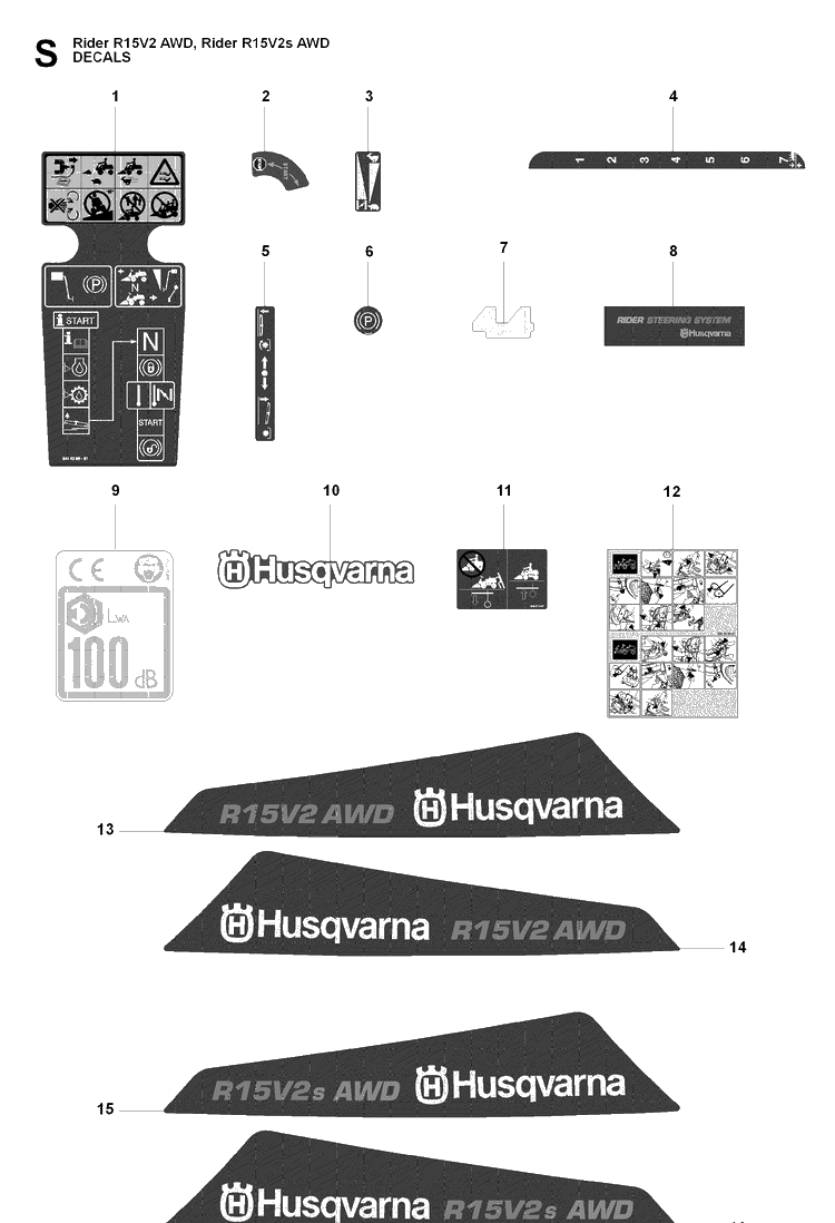 Decals Diagram and Parts List for RIDER15V2AWD (965200901)(2009-04) Husqvarna Lawn Mower