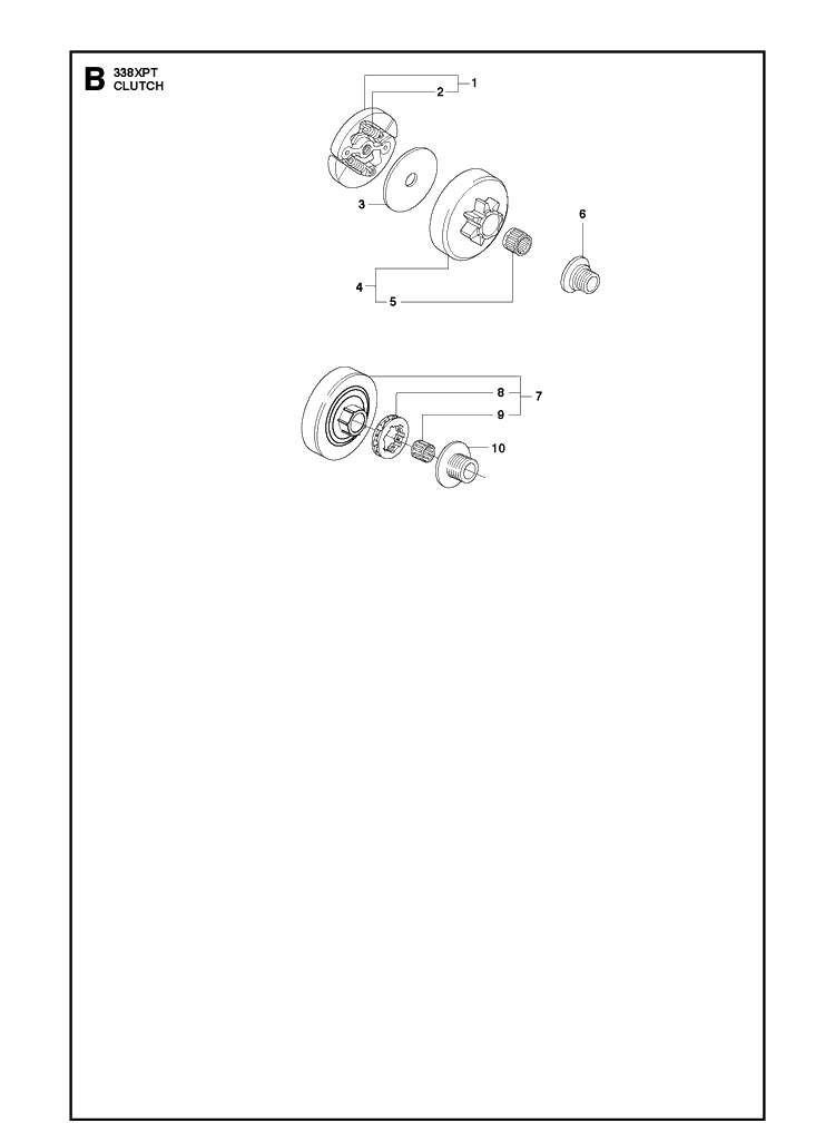 Clutch Diagram and Parts List for 338XPT 20100600001-Current Husqvarna Chainsaw