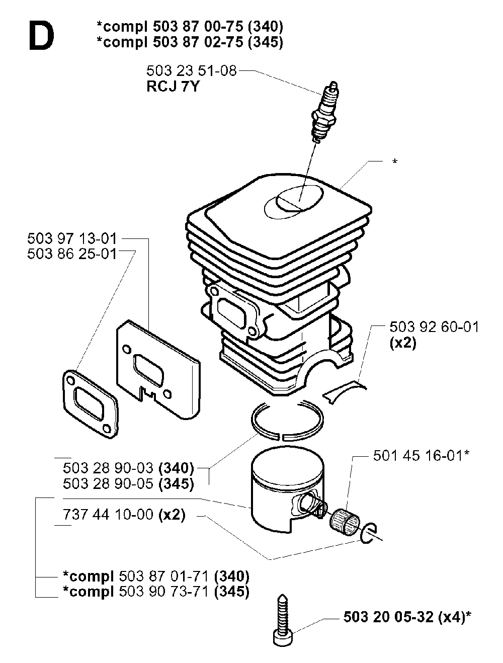 Cylinder Piston Diagram and Parts List for 345EPA 19993600001-20013500000 Husqvarna Chainsaw