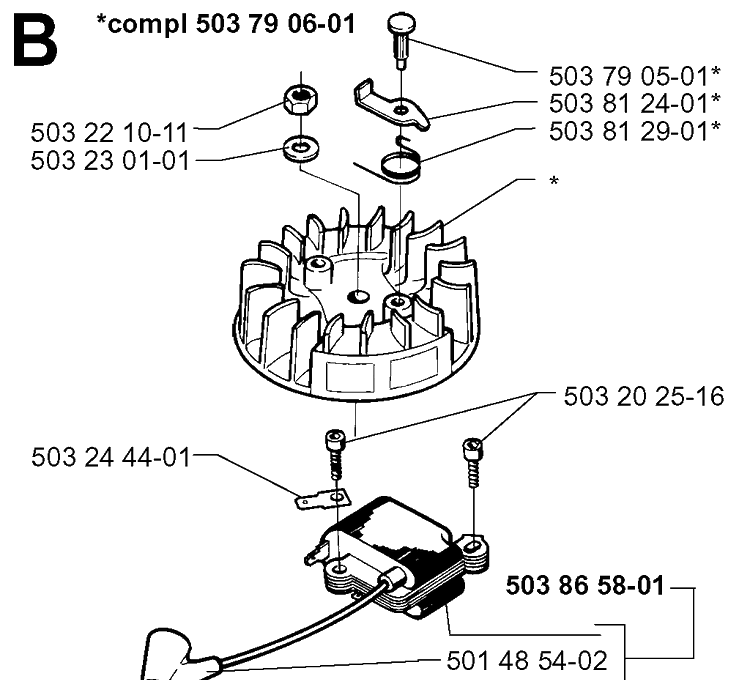 Ignition System Diagram and Parts List for 225H75 19970500001-19980900000 Husqvarna Hedge Trimmer