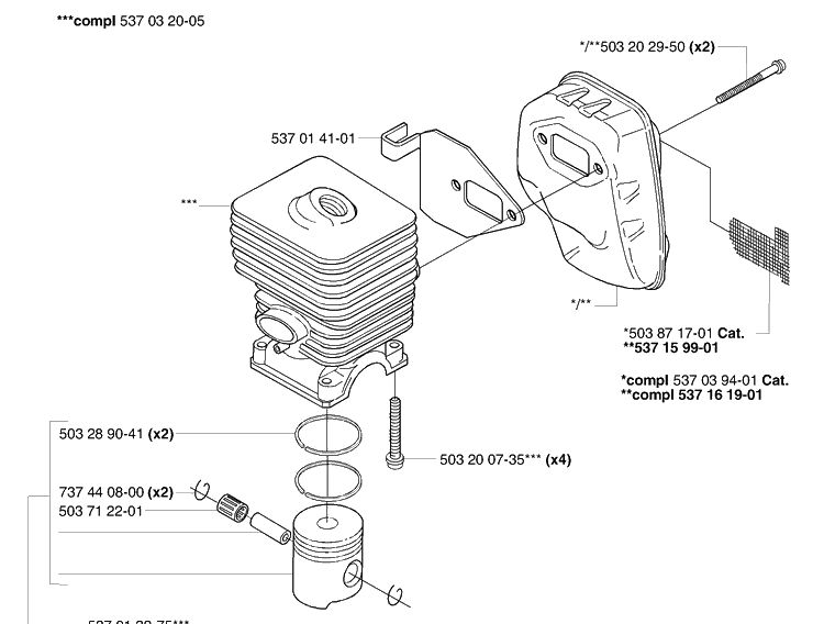 Piston / Cylinder / Muffler Diagram and Parts List for 323E 2006-04 Husqvarna Edger