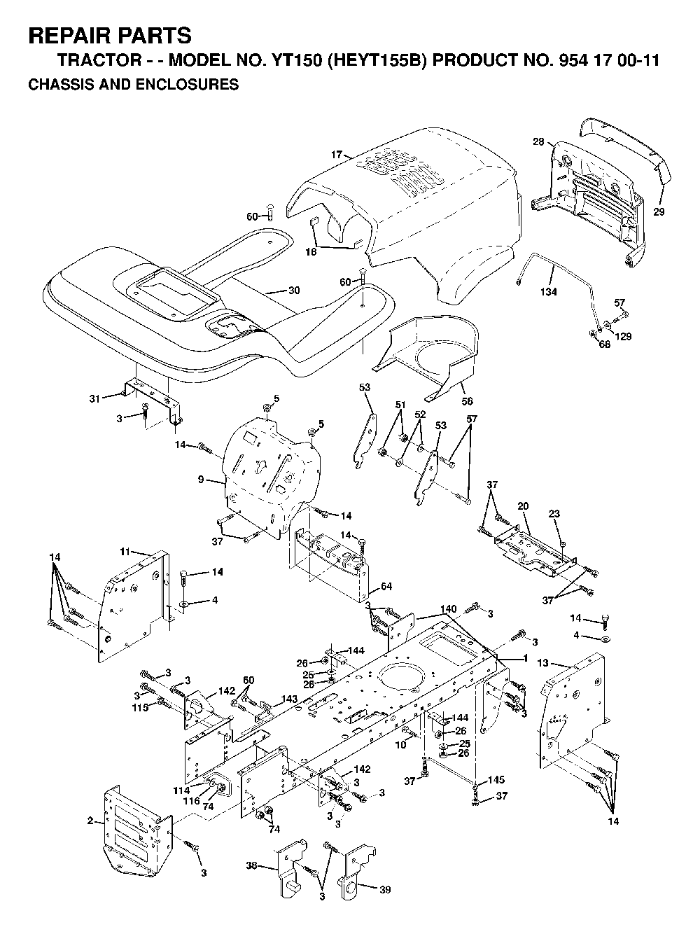 Chassis And Enclosures Diagram and Parts List for YT150 (HEYT155B, 954170011)(1998-12) Husqvarna Lawn Tractor