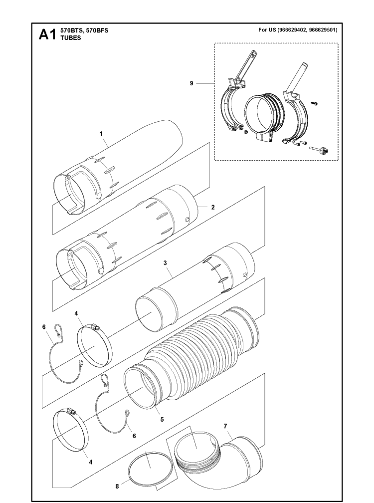 Tube 2 Diagram and Parts List for 570BTS 220628-20190100001 and up Husqvarna Leaf Blower / Vacuum