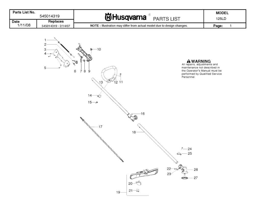 Shaft And Handle Diagram and Parts List for 125LD 20082200001 & Above Husqvarna Trimmer