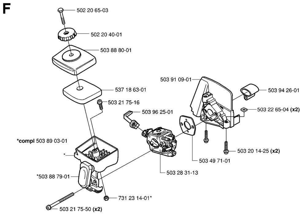 Carburetor And Air Filter Diagram and Parts List for HA110 20050600001 - 20054000000 Husqvarna Trimmer