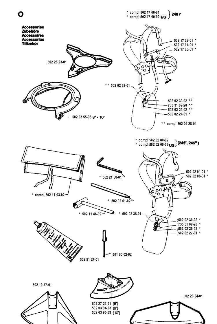 Accessories Diagram and Parts List for 245RX 19941400001-19962200000 Husqvarna Brush Cutter