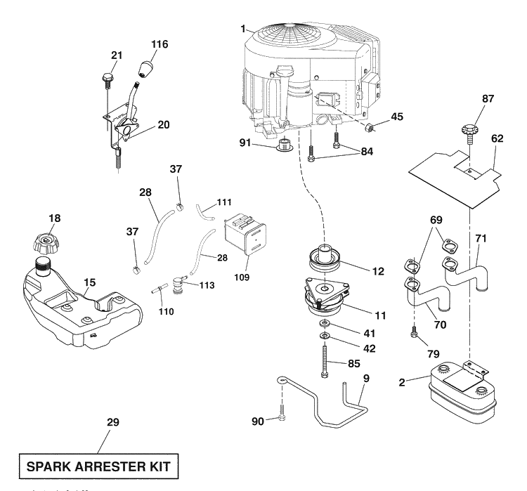 Engine / Clutch / Fuel Tank Diagram and Parts List for 2042LS (96043007500)(2008-11) Husqvarna Lawn Mower