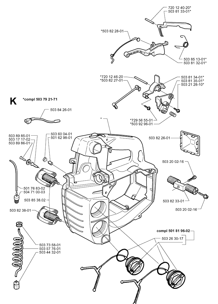 Fuel Tank And Handle Diagram and Parts List for 335XPT 19970500001-19991000000 Husqvarna Chainsaw