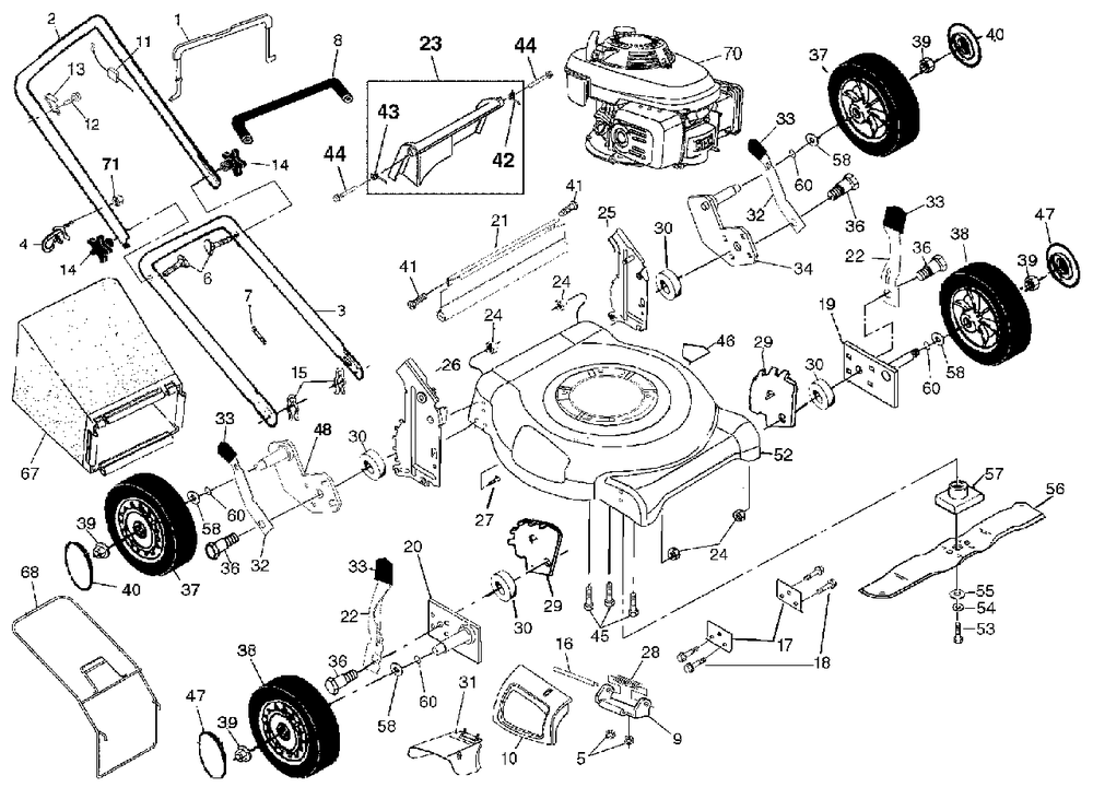 General Assembly Diagram and Parts List for 5521CM (954223487-B)(2003-07) Husqvarna Lawn Mower