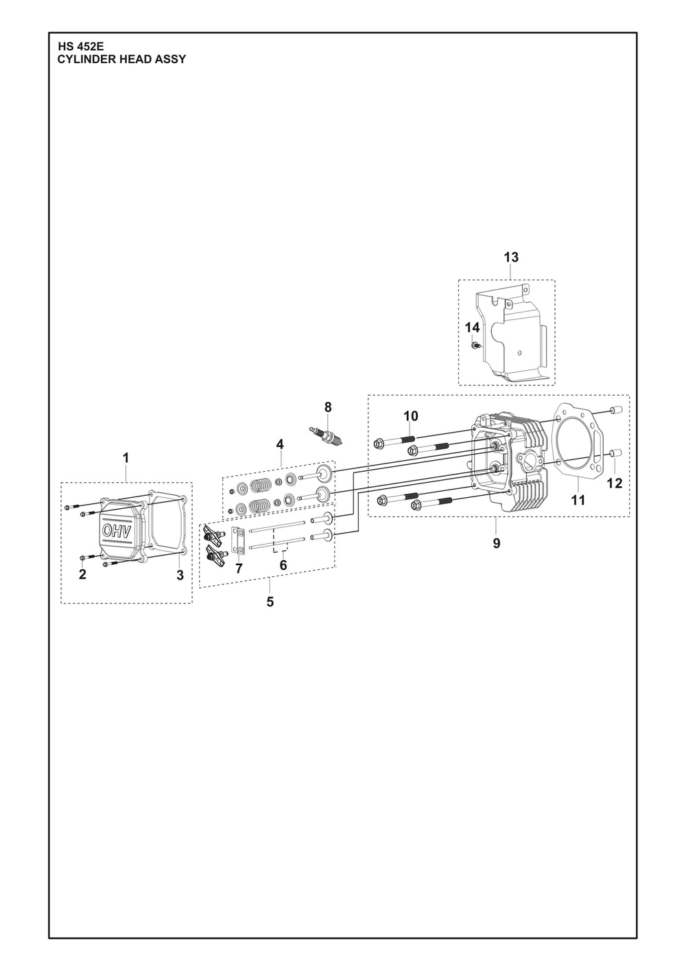 Cylinder Head Assembly Diagram and Parts List for HS452E  Husqvarna Engine