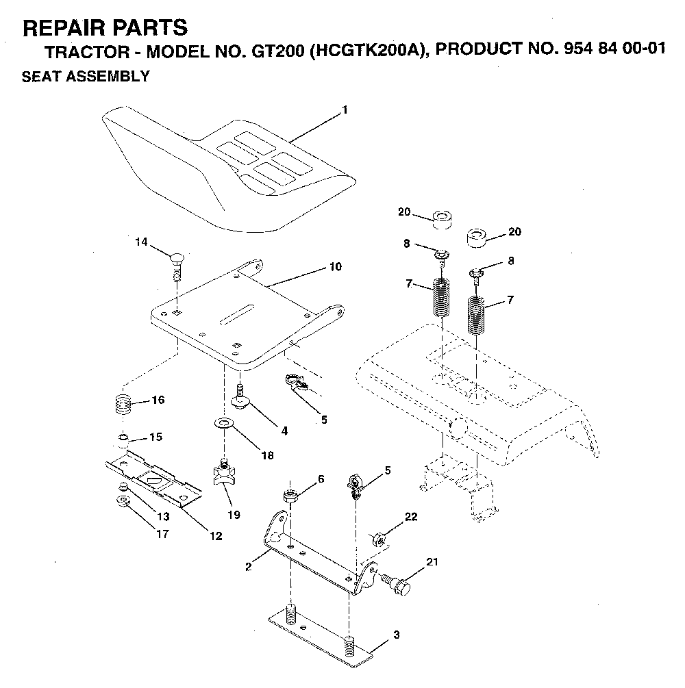 Seat Diagram and Parts List for GT200 (HCGTK200A, 954840001)(1996-01) Husqvarna Lawn Tractor