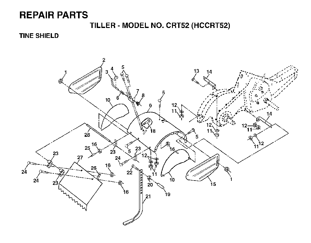 Tine Shield Diagram and Parts List for CRT52 (HCCRT52, 954140020)(1997-01) Husqvarna Tiller