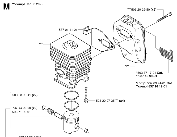 Cylinder Piston Diagram and Parts List for 325RDX 20020100001-20051800000 Husqvarna Brush Cutter