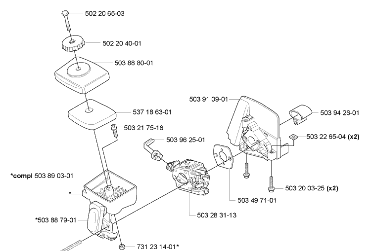 Air Filter/Carburetor Diagram and Parts List for HA110 2005-09 Husqvarna Hedge Trimmer
