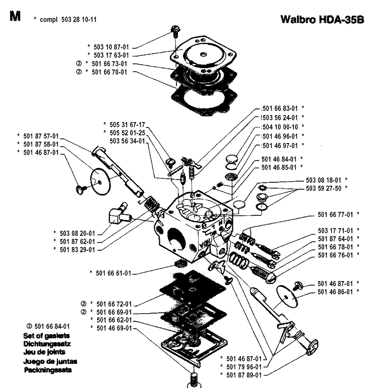 Carburetor Details Diagram and Parts List for 254 19942300001-19960100000 Husqvarna Chainsaw