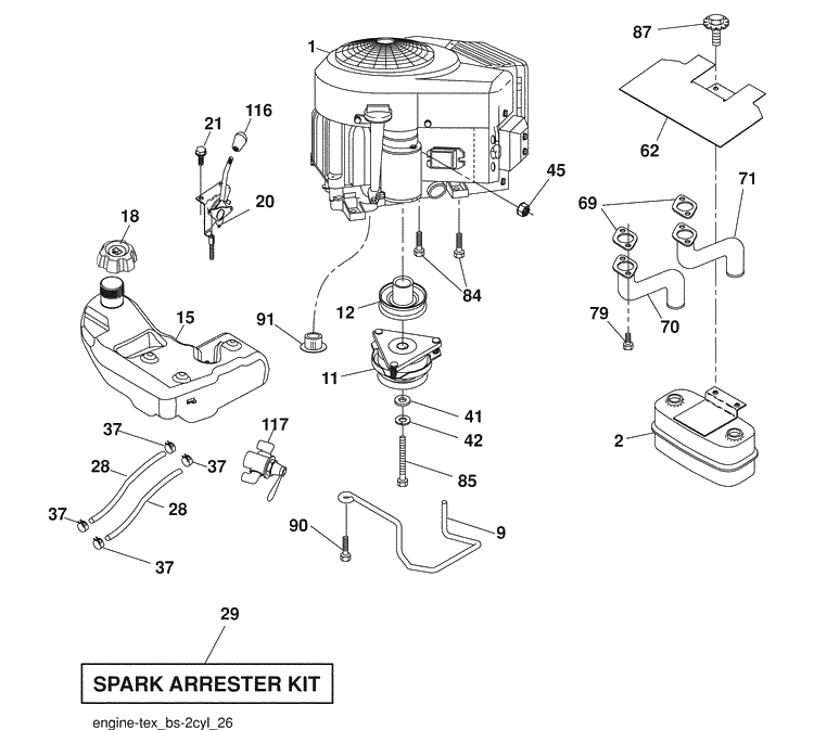Engine / Fuel Tank Diagram and Parts List for 2748GLS (96043006500)(2008-12) Husqvarna Lawn Mower