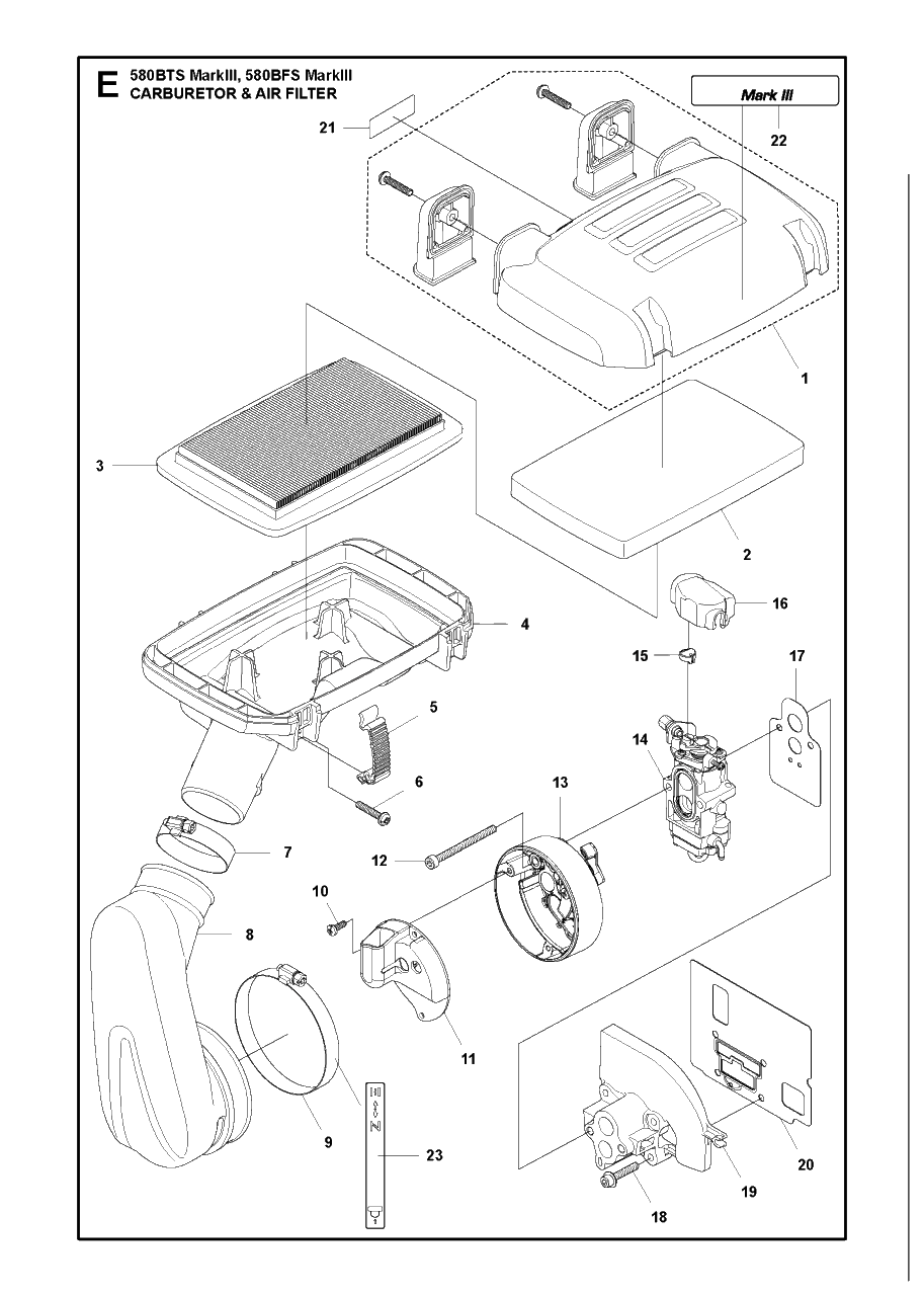 Carburetor And Air Filter Diagram and Parts List for 580BFS-BTS Mark III Husqvarna Leaf Blower / Vacuum
