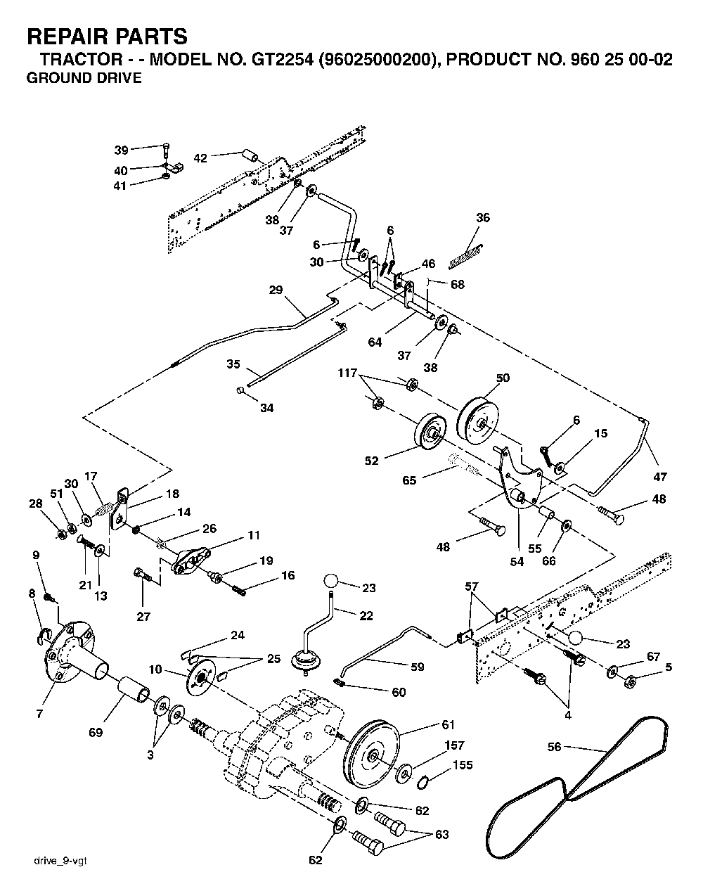 Drive Diagram and Parts List for GT2254 (96025000200)(2005-05) Husqvarna Lawn Tractor