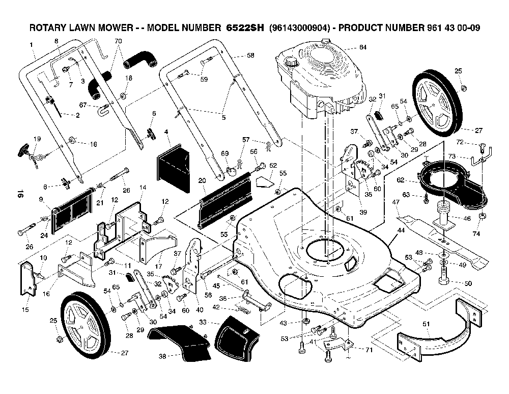 Repair Parts Diagram and Parts List for 6522SH (96143000904, 961430009)(2006-08) Husqvarna Lawn Mower
