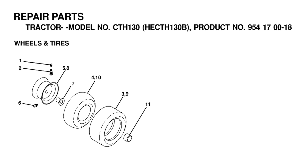 Wheels And Tires Diagram and Parts List for CTH130 (954170018-B)(2000-03) Husqvarna Lawn Tractor