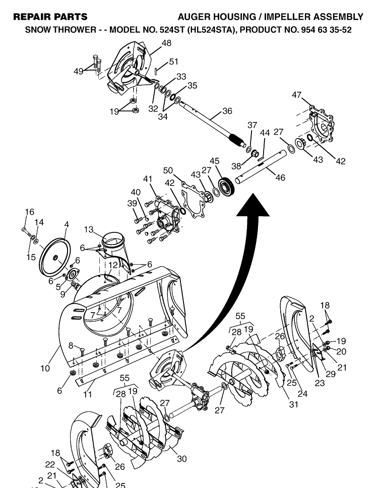 Auger Housing And Impeller Diagram and Parts List for 524ST (HL524STA)(2004-03) Husqvarna Snow Blower