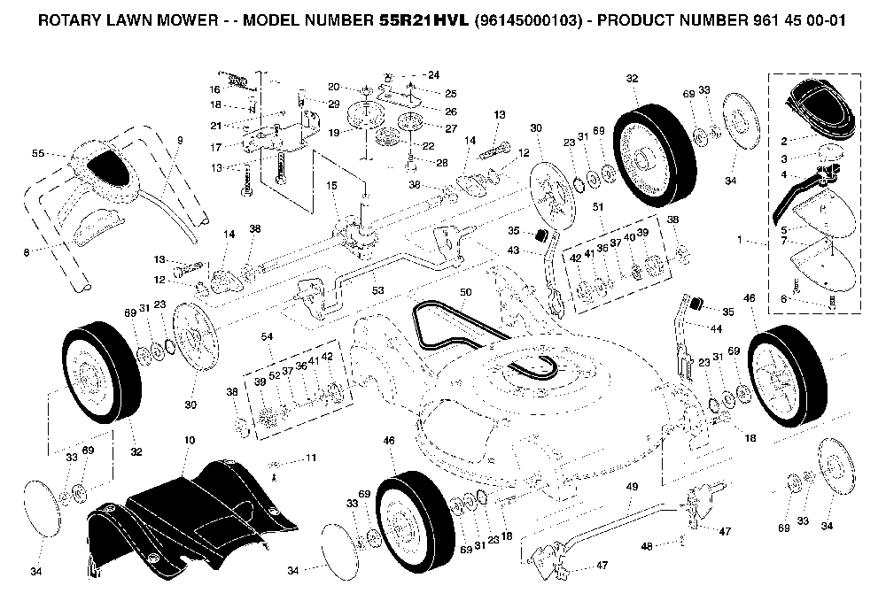 Repair Parts Diagram and Parts List for 55R21HVL (96145000103, 532188294)(2005-01) Husqvarna Lawn Mower