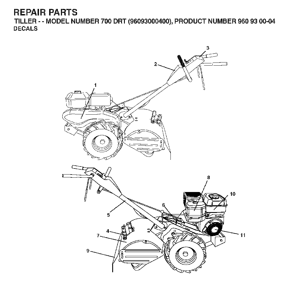 Decals Diagram and Parts List for 700DRT (96093000400)(2006-02) Husqvarna Tiller