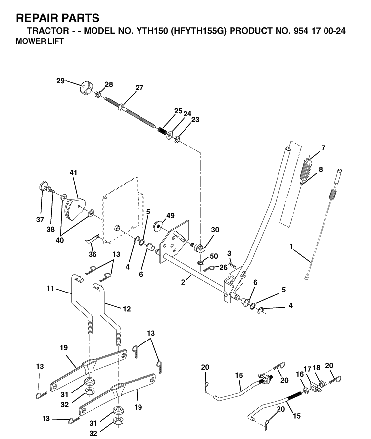 Mower Lift / Deck Lift Diagram and Parts List for YTH150 (HFYTH155G)(2001-01) Husqvarna Lawn Tractor