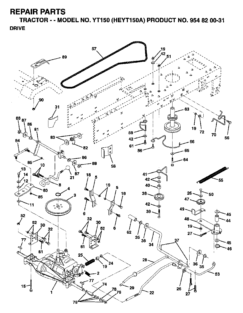 Drive Diagram and Parts List for YT150 (HEYT150A, 954820031)(1996-01) Husqvarna Lawn Tractor