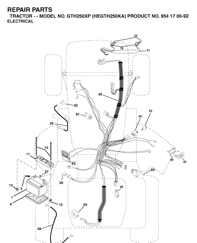 Electrical Diagram and Parts List for GTH250XP (HEGTH250KA)(2003-01) Husqvarna Lawn Tractor