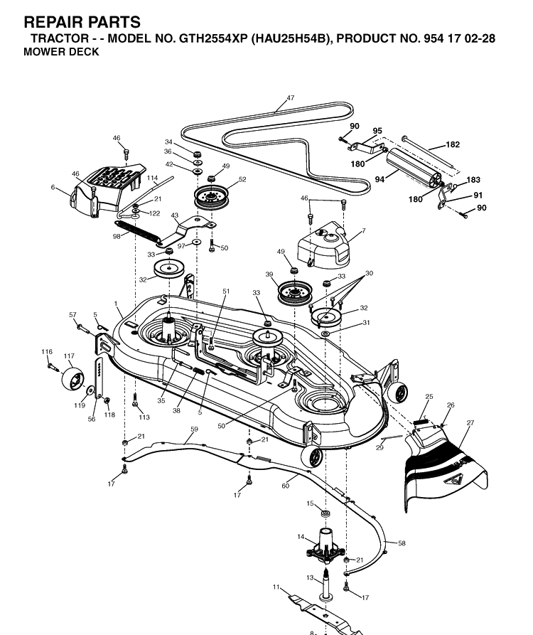 Mower Deck / Cutting Deck Diagram and Parts List for GTH2554XP (HAU25H54B)(2004-09) Husqvarna Lawn Tractor