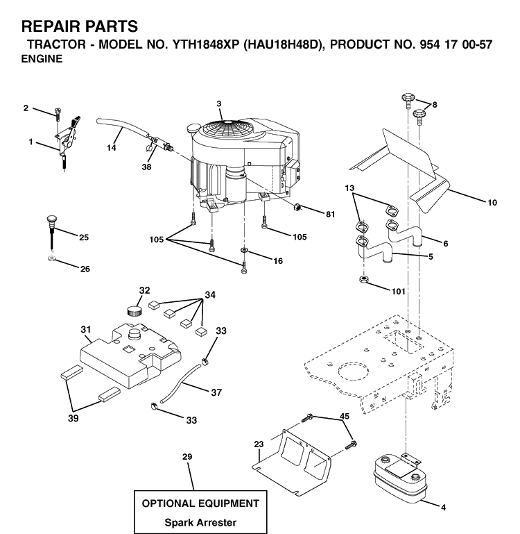 Engine Diagram and Parts List for YTH1848XP (HAU18H48D)(2003-01) Husqvarna Lawn Tractor