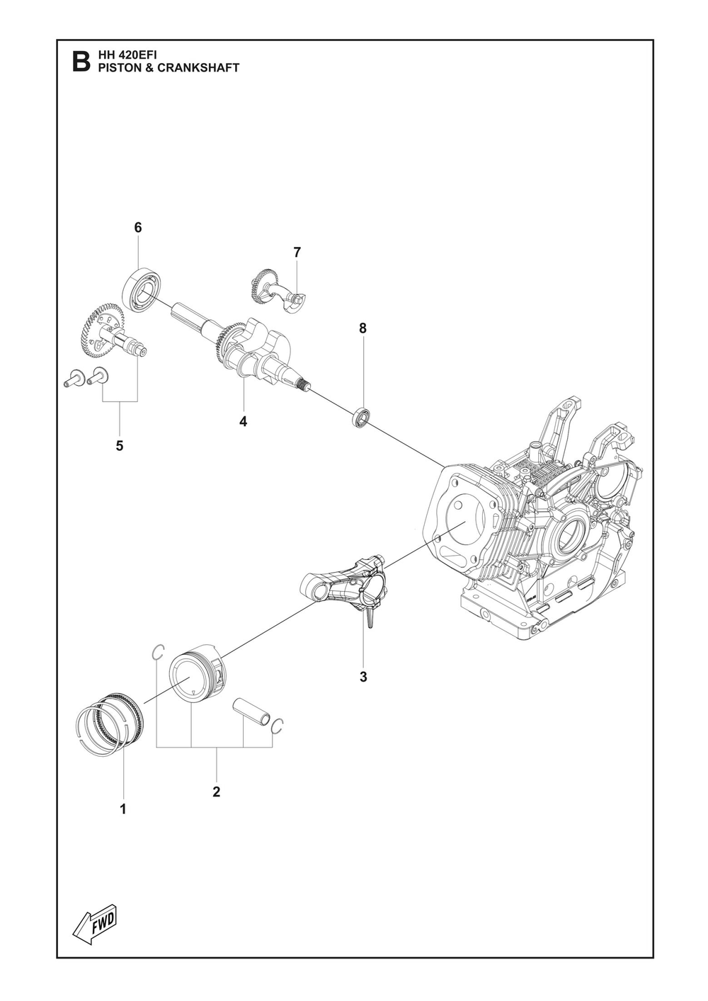 Piston And Crankshaft Diagram and Parts List for HH420EFI 598610501, 598610502 Husqvarna Engine