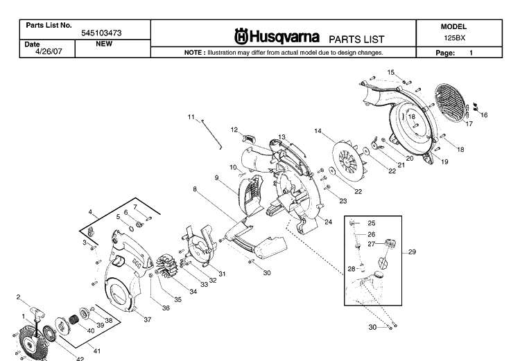 Product Complete 2 Diagram and Parts List for 125BX 20071800001-20082200000 Husqvarna Leaf Blower / Vacuum