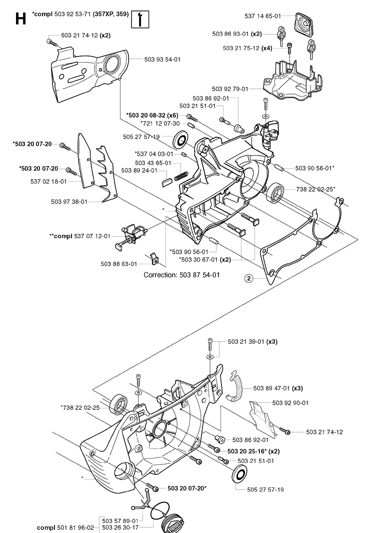 Crankcase Diagram and Parts List for 359 20031400001-20041800000 Husqvarna Chainsaw