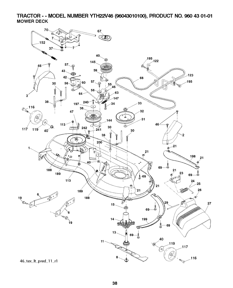 Mower Deck / Cutting Deck Diagram and Parts List for YTH22V46 (96043010100)(2009-12) Husqvarna Lawn Tractor