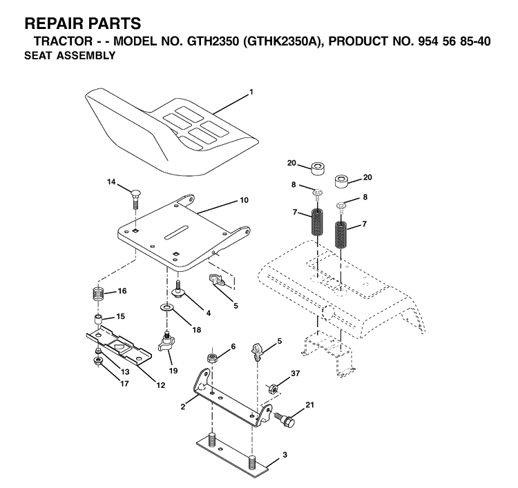 Seat Diagram and Parts List for GTH2350-GTHK2350A 2002-07 Husqvarna Lawn Tractor