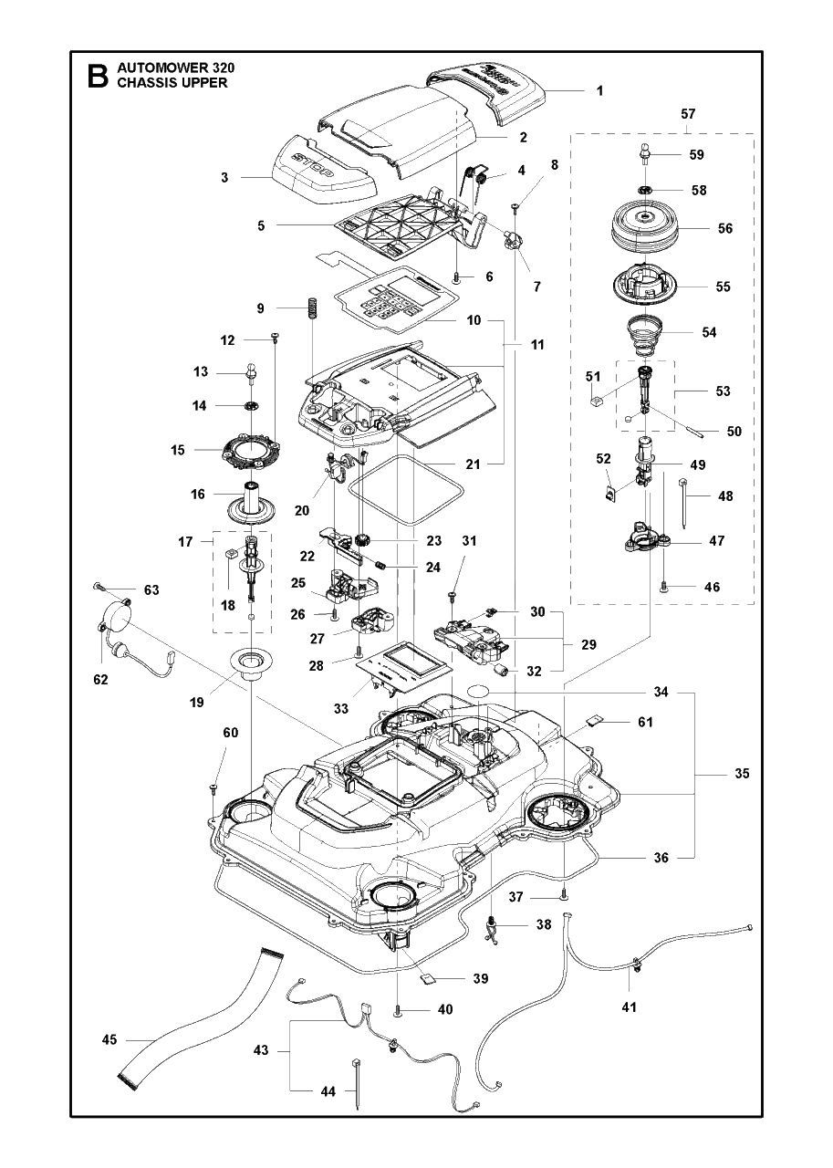 Chassis Upper Diagram and Parts List for 320 2014-02 Husqvarna Lawn Mower