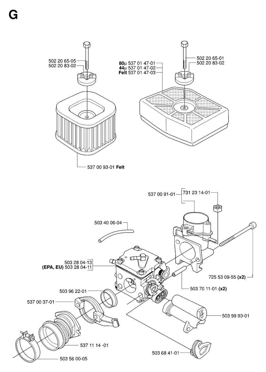 Carburetor And Air Filter Diagram and Parts List for 390XP-XPG-XPW 20064000001 & Above Husqvarna Chainsaw