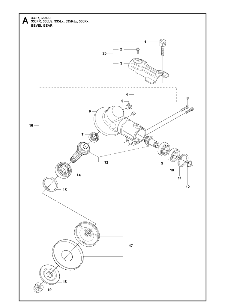 Bevel Gear Diagram and Parts List for 335FR  Husqvarna Brush Cutter