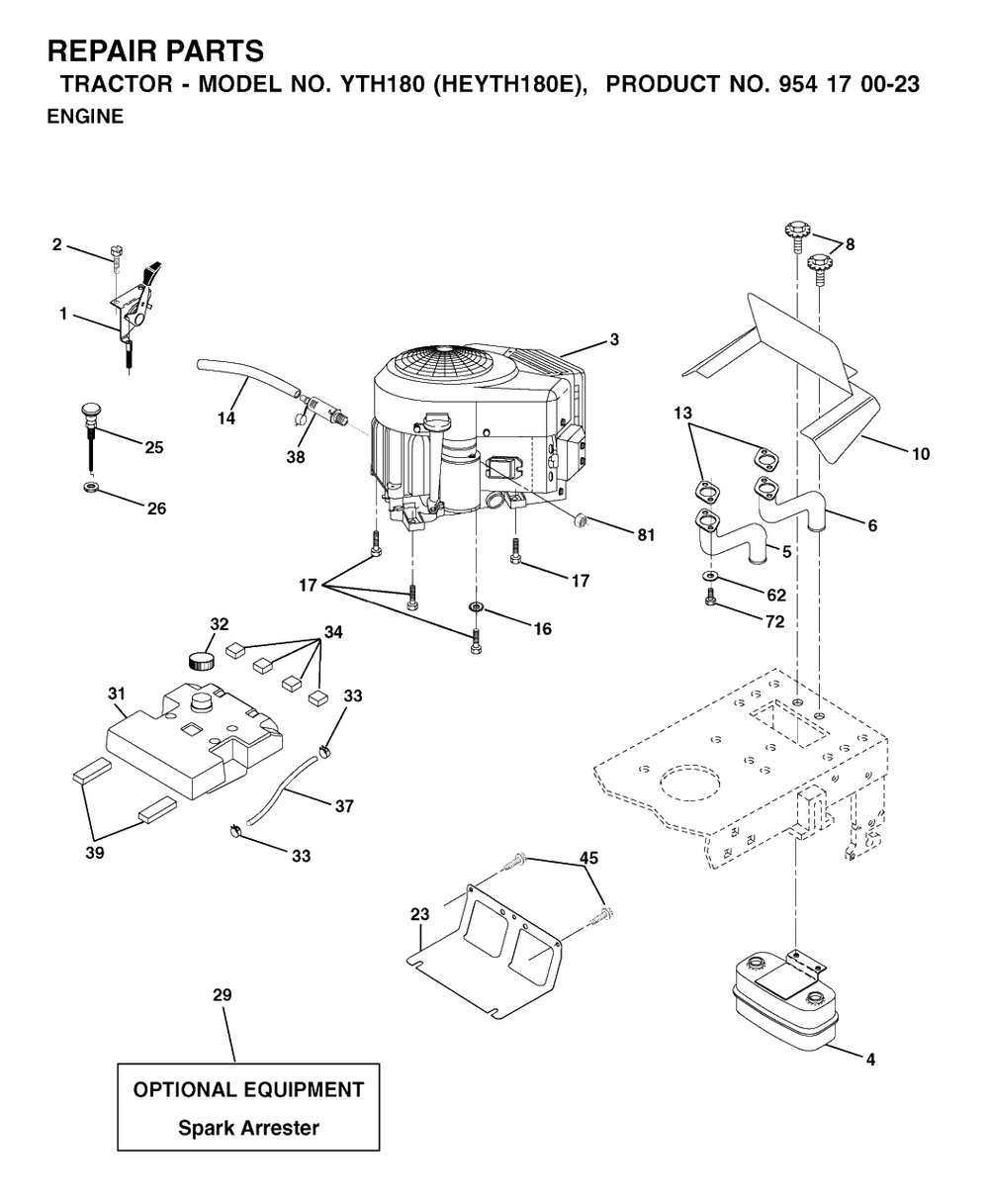 Engine And Cutting Equipment Diagram and Parts List for YTH180 (954170023-E)(2001-01) Husqvarna Lawn Tractor