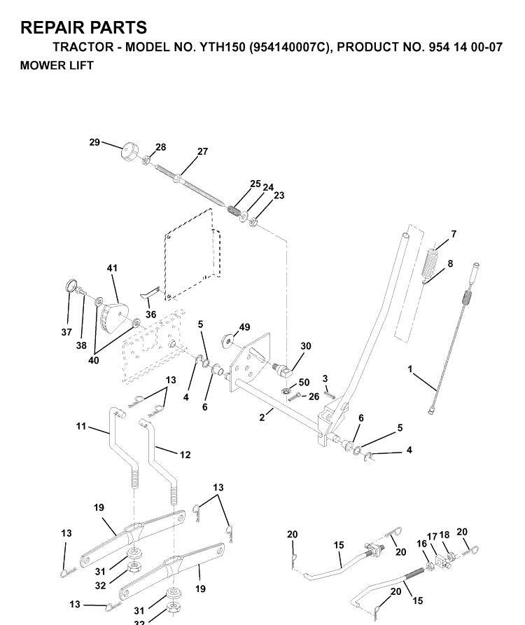 Mower Lift / Deck Lift Diagram and Parts List for YTH150 (954140007C)(1997-01) Husqvarna Lawn Tractor