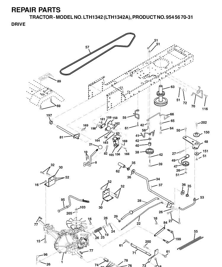 Drive Diagram and Parts List for LTH1342-LTH1342A 2000-12 Husqvarna Lawn Tractor