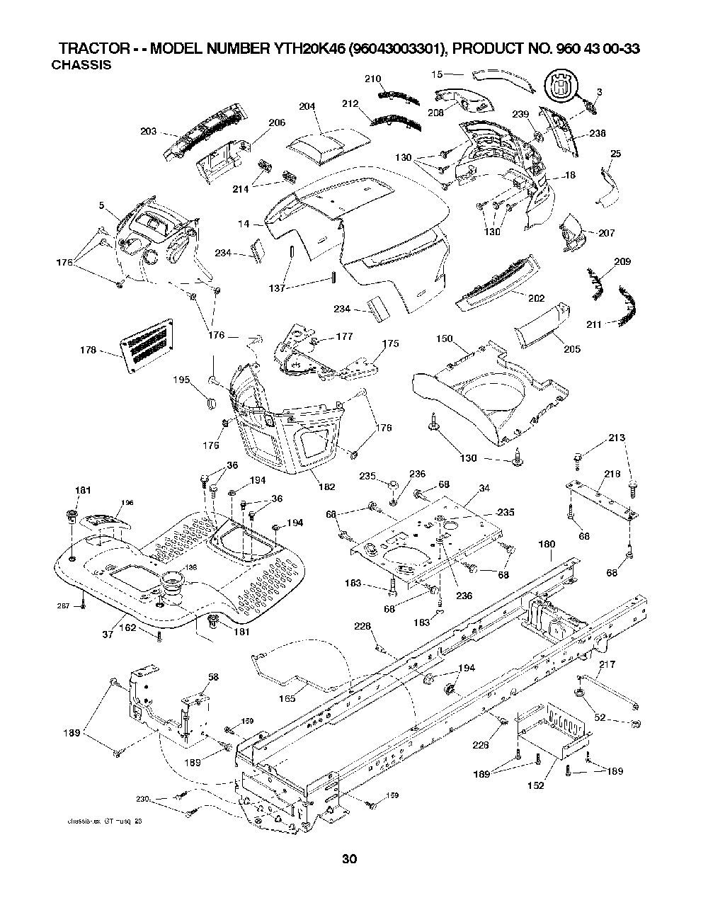 Chassis / Frame Diagram and Parts List for YTH20K4696043003301 2008-01 Husqvarna Lawn Tractor