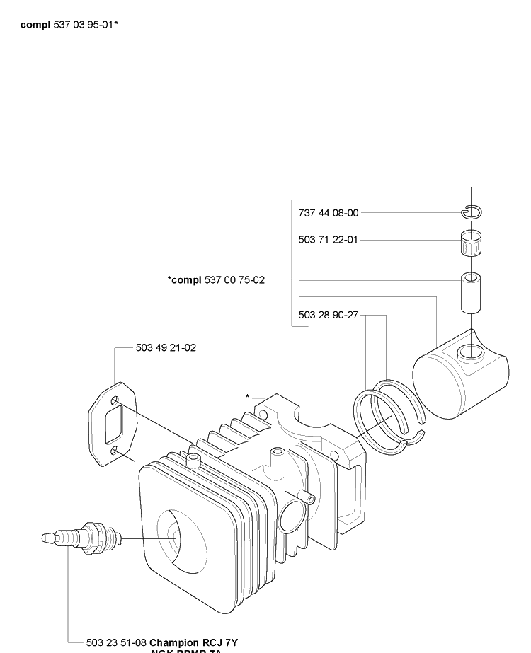 Piston/Cylinder Diagram and Parts List for 225B 2006-09 Husqvarna Leaf Blower / Vacuum
