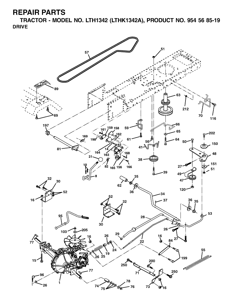 Drive Diagram and Parts List for LTH1342-LTHK1342A 2002-01 Husqvarna Lawn Tractor
